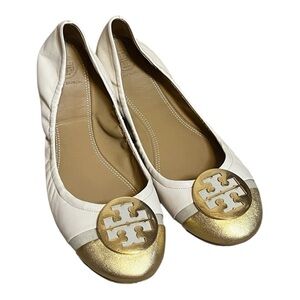 $258 Tory Burch Minnie Cap-Toe Ballet Flat Shoes 9 Cream gold